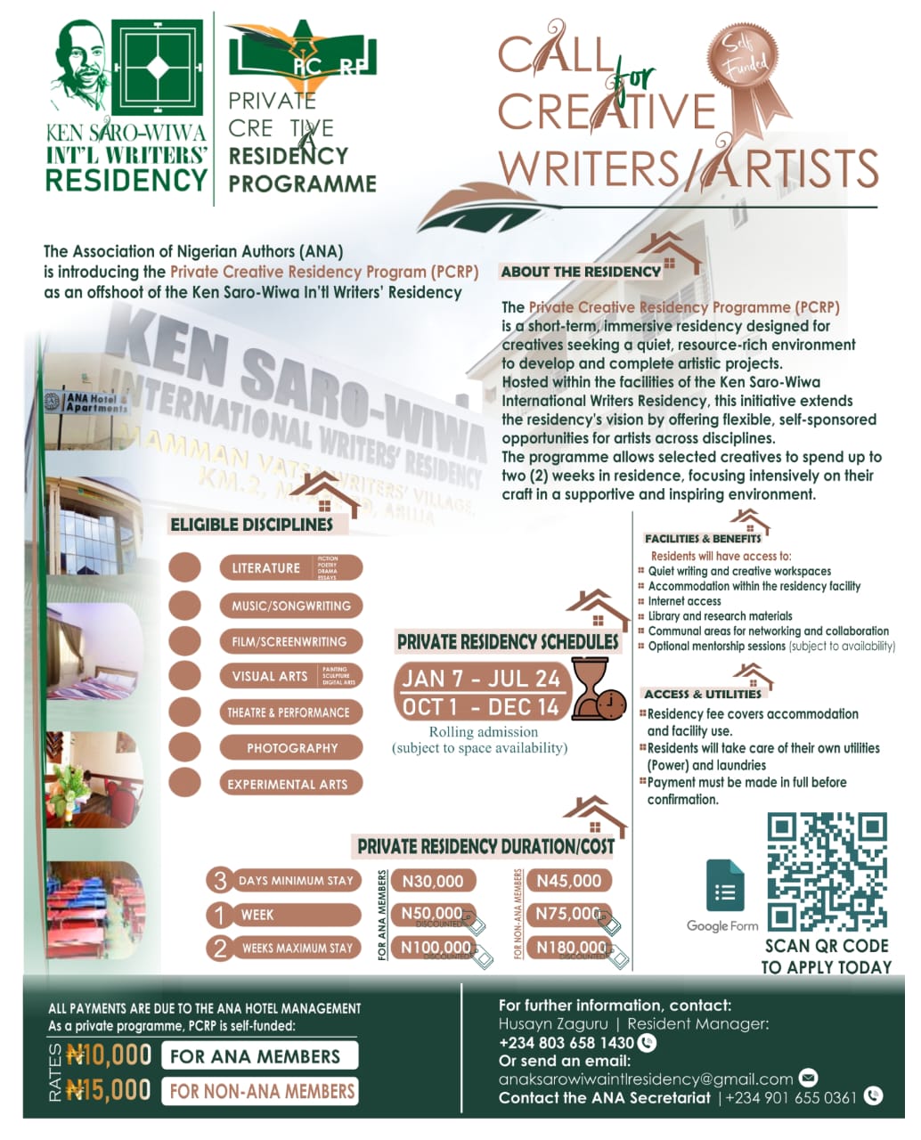 CALL FOR APPLICATIONS:  PRIVATE CREATIVE RESIDENCY PROGRAMME (PCRP),  An Offshoot of the ANA Ken Saro-Wiwa International Writers Residency,  ANA SECRETARIAT & HOTEL MANAGEMENT INITIATIVE